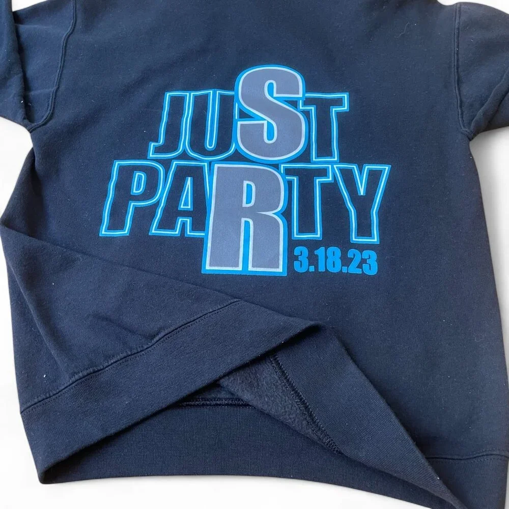 Jerzees NuBlend “JUST PARTY” Graphic Hoodie – Navy Blue, Size S - Picture 7 of 9